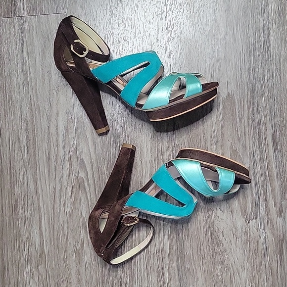 Magrit Spain Leather & Suede Ankle Strap Platform Heels Teal Blue & Brown 37.5 7 - Picture 7 of 16